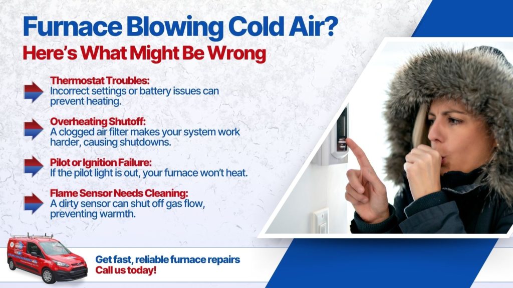 This is a picture of a woman in your house with a coat on shivering trying to adjust the heater thermostat. The headline reads furnace blowing cold air? Here's what might be wrong.